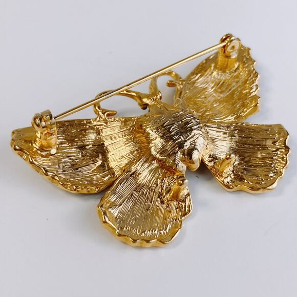 VTG 1980s Gold Tone Enamel Butterfly Brooch Blue Green Glass Rhinestone Pin - Picture 8 of 8